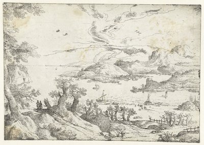 Landschap met brede rivier tussen heuvels door Anonymous