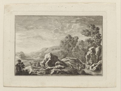 Landschap met drie mannen bij een beek door Anonymous