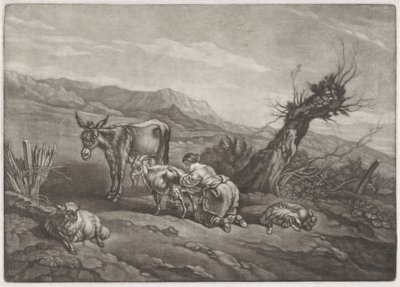 Landschap met een herderin die een geit melkt door Anonymous