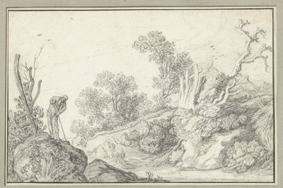 Landschap met kale boom en man met stok door Anonymous