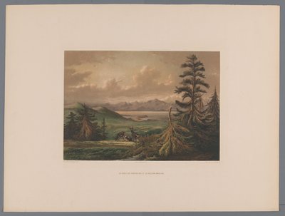 Landschap met op de achtergrond de baai van Shimabara en de vulkaan Unzen door Anonymous