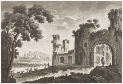 Landschap met ruïnes, herders en wandelaars door Anonymous