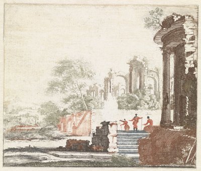 Landschap met twee Romeinse ruïnes door Anonymous