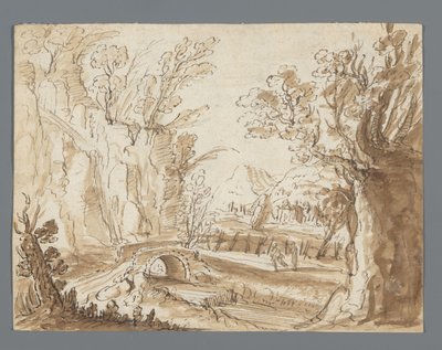 Landschap met twee figuren op een weg voor een stenen brug door Anonymous