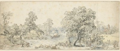 Landschap met wandelaars, een herder en veel andere figuren door Anonymous