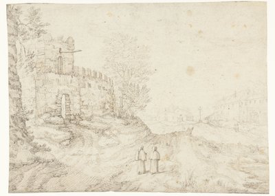 Landweg langs stadsmuur en klooster door Anonymous