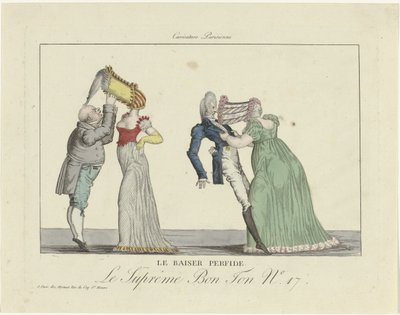 Le Suprême Bon Ton. Caricature Parisienne, 1800-1815, No. 17: De verraderlijke kus door Anonymous