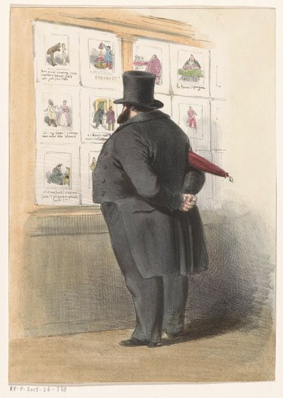 Man voor een etalage met prenten door Anonymous
