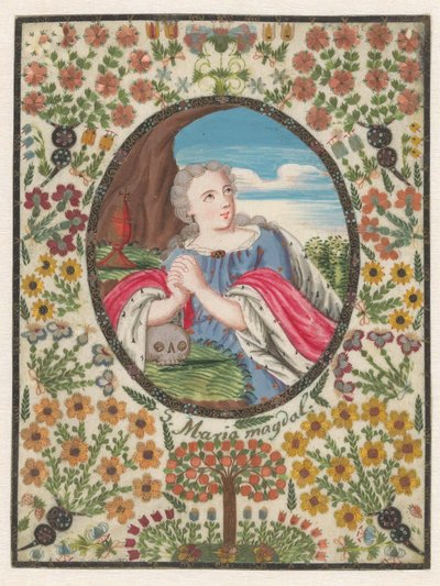Maria Magdalena in ovaal met bloemenrand rondom door Anonymous