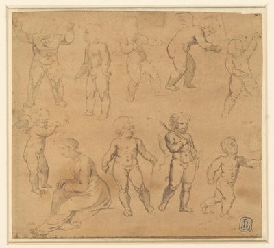 Negen studies van putti en een naar links zittende vrouw door Anonymous