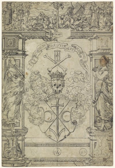 Ontwerp voor een glasraam met een wapen, de figuren Fides en Spes, en Mozes en de koperen slang door Anonymous