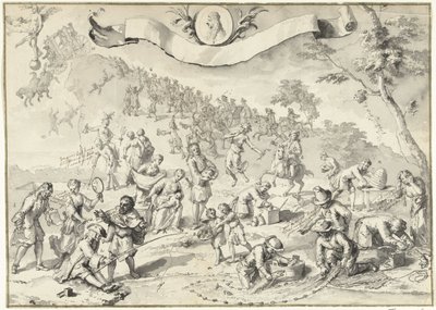 Ontwerptekening voor de prent Hebzucht probeert Fortuna in te halen, 1720 (Het Groote Tafereel der Dwaasheid) door Anonymous