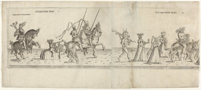 Optocht met verklede personages, waaronder ruiter Bernhart von Ahren, een ezel met een spit, Janus, Bacchus op een ezel en twee muzikanten (Die neunde Part I en II) door Anonymous