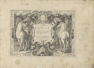 Ornamenteel cartouche met titel geflankeerd door paarden door Anonymous