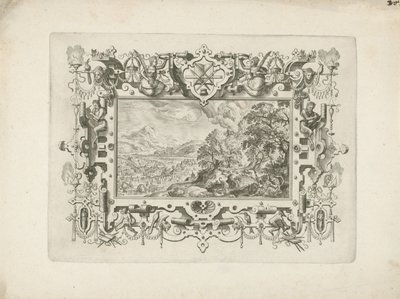 Ornamentomlijsting met rolwerk en figuren, waarin landschap met Venus en Adonis door Anonymous