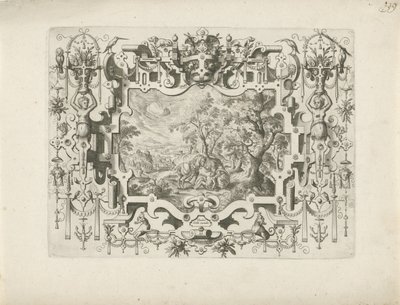Ornamentomlijsting met rolwerk en figuren, waarin landschap met de Barmhartige Samaritaan door Anonymous