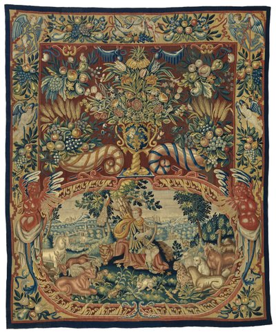 Orpheus met de dieren, in een cartouche en een decor met bloemenvaas en hoornen des overvloeds door Anonymous