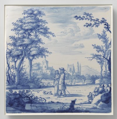 Plaat beschilderd met landschap met figuren door Anonymous