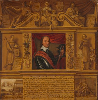 Portret van Oliver Cromwell, in een lijst met allegorische figuren en historische voorstellingen door Anonymous