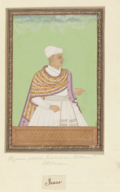 Portret van Akanna Pandit, opperschrijver van de koning (shahnawis-i kull) in het domein van Sultan Abul Hasan door Anonymous