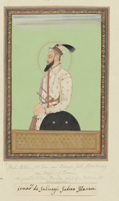 Portret van Shah Alam, zoon van Aurangzeb die na Sultanji werd geboren; hij is eerst gouverneur (subagar) van Deccan geweest; nadat hij vervolgens ten strijde was getrokken tegen Sambaji, de zoon van Sivaji, heeft hij zich nu gekeerd tegen Sultan Abu