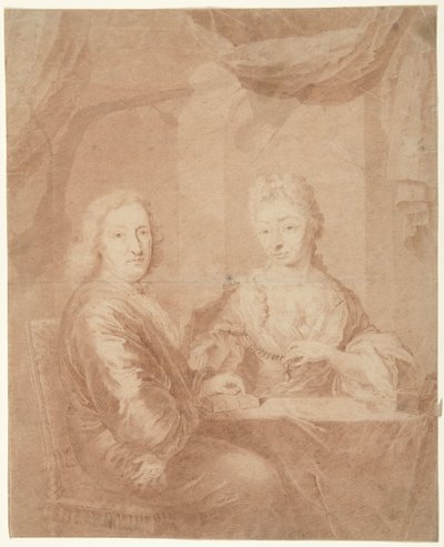 Portret van een man en vrouw aan een tafel door Anonymous