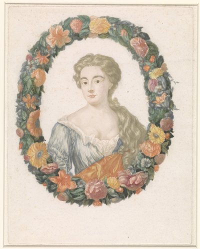 Portret van een vrouw in bloemenkrans door Anonymous