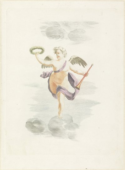 Putto met lauwerkrans en loftrompet door Anonymous