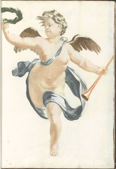 Putto met lauwerkrans en loftrompet door Anonymous