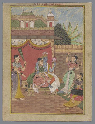 Radha en Krishna in een paleis (Ragamala) door Anonymous