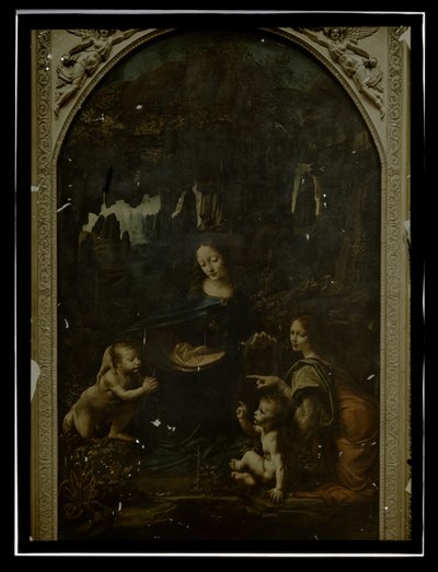 Reproductie van Leonardo da Vinci, Maagd op de rotsen, Louvre door Anonymous