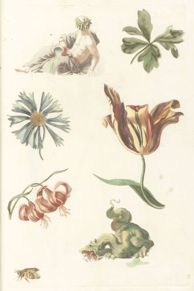 Riviergod, een draak en vier bloemen door Anonymous