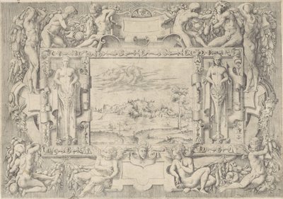 Rivierlandschap in ornamentale omlijsting door Anonymous