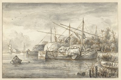 Rivierlandschap met enkele hooischepen door Anonymous