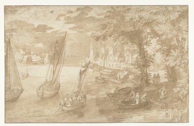 Rivierlandschap met rechts een aanlegplaats door Anonymous