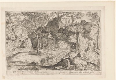 Rotsachtig landschap met dak op palen en rechts leeuw door Anonymous
