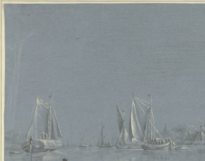 Schuiten op het water, op de voorgrond een roeibootje door Anonymous