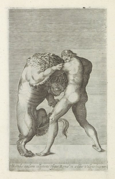 Sculptuur van Hercules in gevecht met de Nemeïsche leeuw door Anonymous