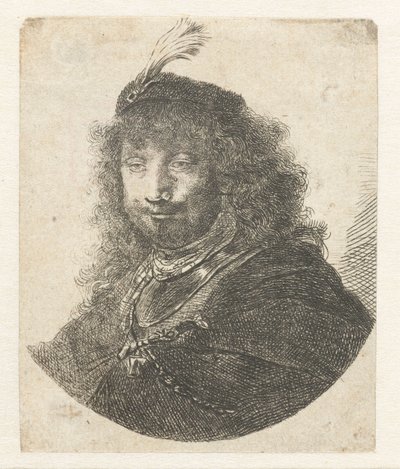 Zelfportret (?) met gevederde hoed en neergeslagen sabel door Anonymous