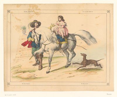 Spaanse edelman houdt de hand vast van een meisje op een paard door Anonymous