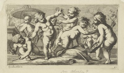 Spelende putti bij een fontein Spelende putti (serie titel) door Anonymous