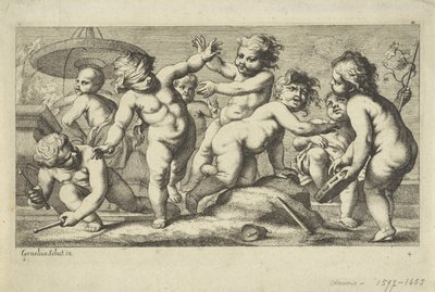 Spelende putti bij een fontein door Anonymous