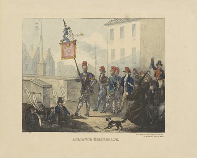 Spotprent op de alliantie gesloten tussen de roomse klerikale partij en de liberale partij tegen de Nederlandse regering, 1828 door Anonymous