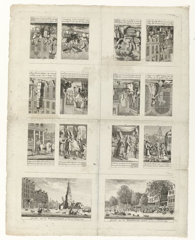 Spotprenten op de mode en twee gezichten op Amsterdam tijdens de overstromingen van 1775 door Anonymous