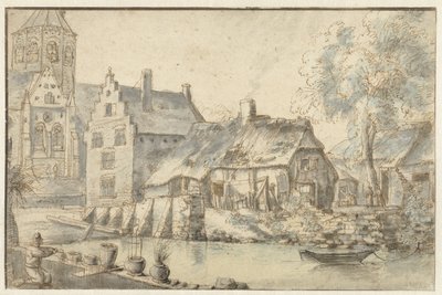 Stadsgezicht met een grote kerk door Anonymous