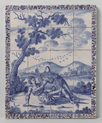 Tegeltableau met in blauw een landschap met mythologische voorstelling: Hercules en Achelous door Anonymous