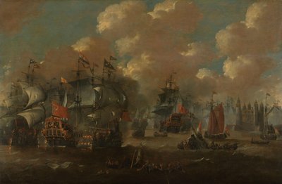 De Slag bij de Sont met de Eendracht die twee Zweedse oorlogsschepen aanvalt, 1658 door Anonymous