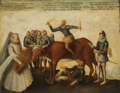 De melkkoe: De Nederlandse provincies, in opstand tegen de Spaanse koning Filips II, worden geleid door prins Willem van Oranje, de Staten-Generaal smeken koningin Elizabeth I om hulp door Anonymous
