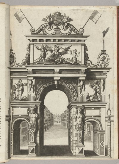 Triomfpoort met Ernst die Belgica redt van Discordia, 1594 door Anonymous