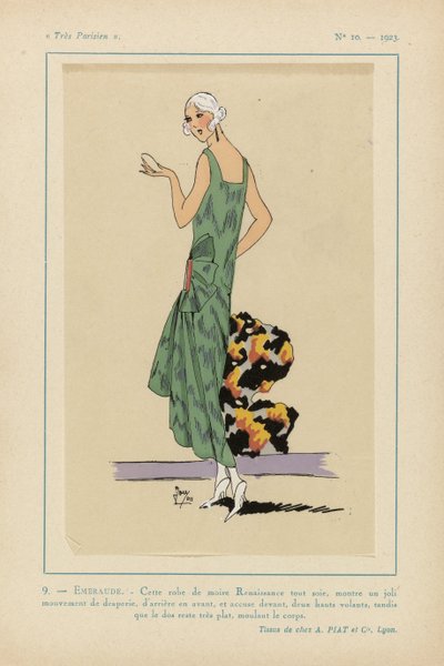 Très Parisien, 1923, No 10: 9. - EMERAUDE. - Deze jurk van moiré Renaissance... door Anonymous